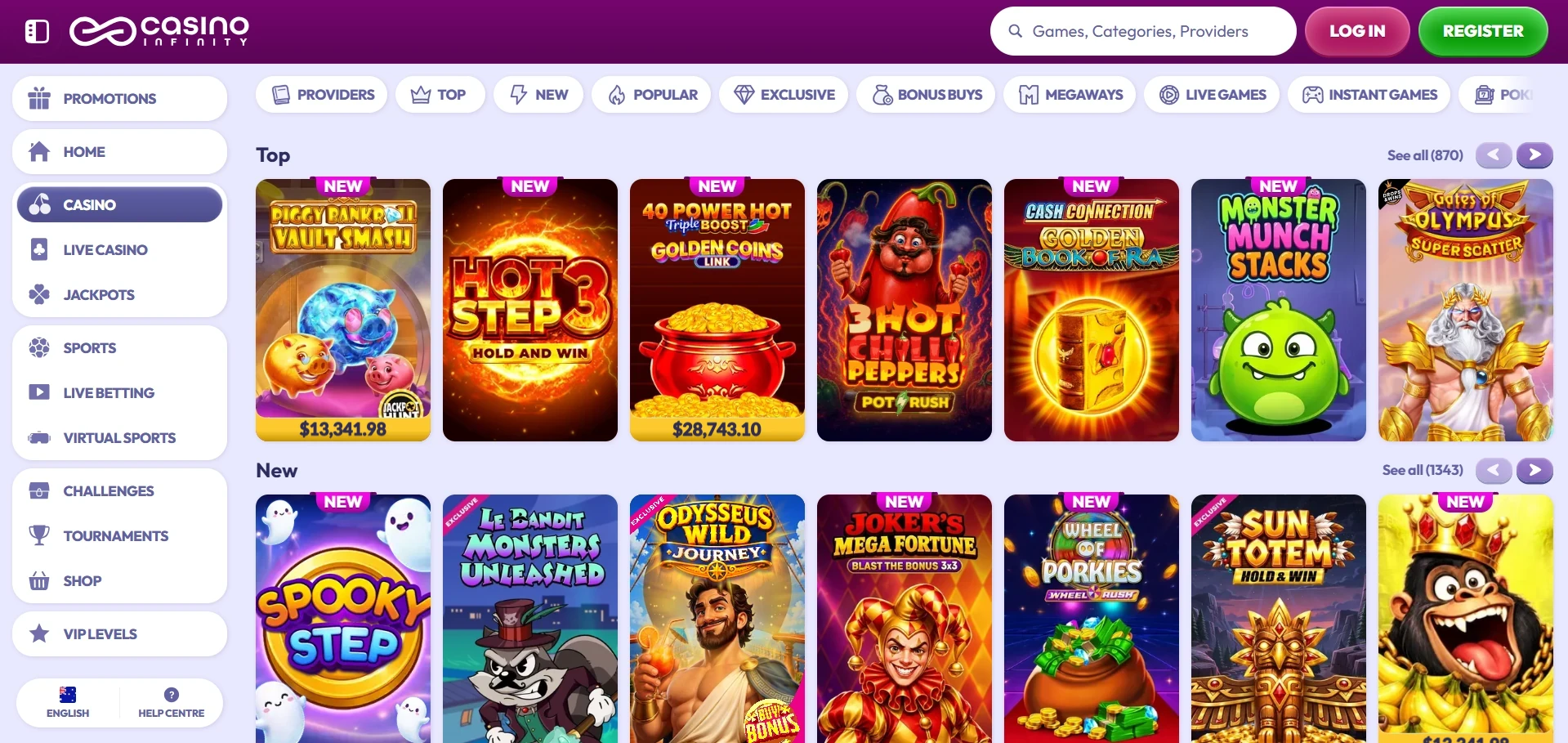 Infinity game lobby with pokies and live tables