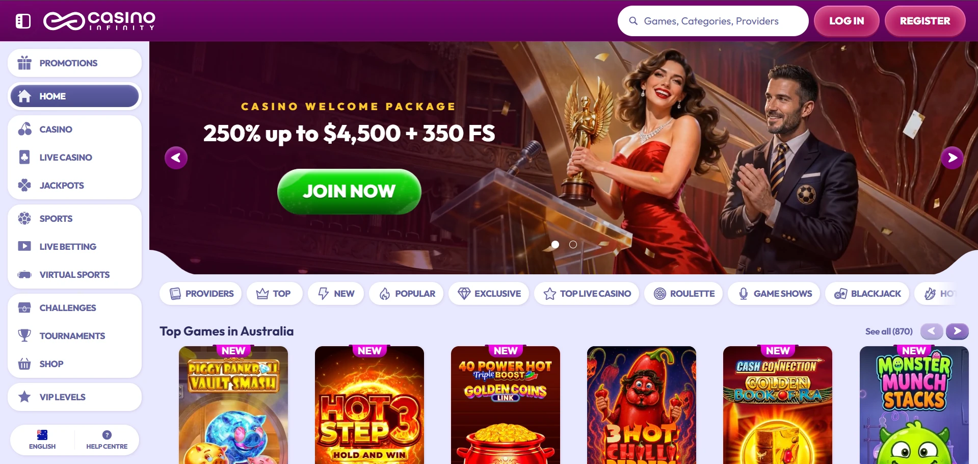 Infinity front page on my first visit, before any signup